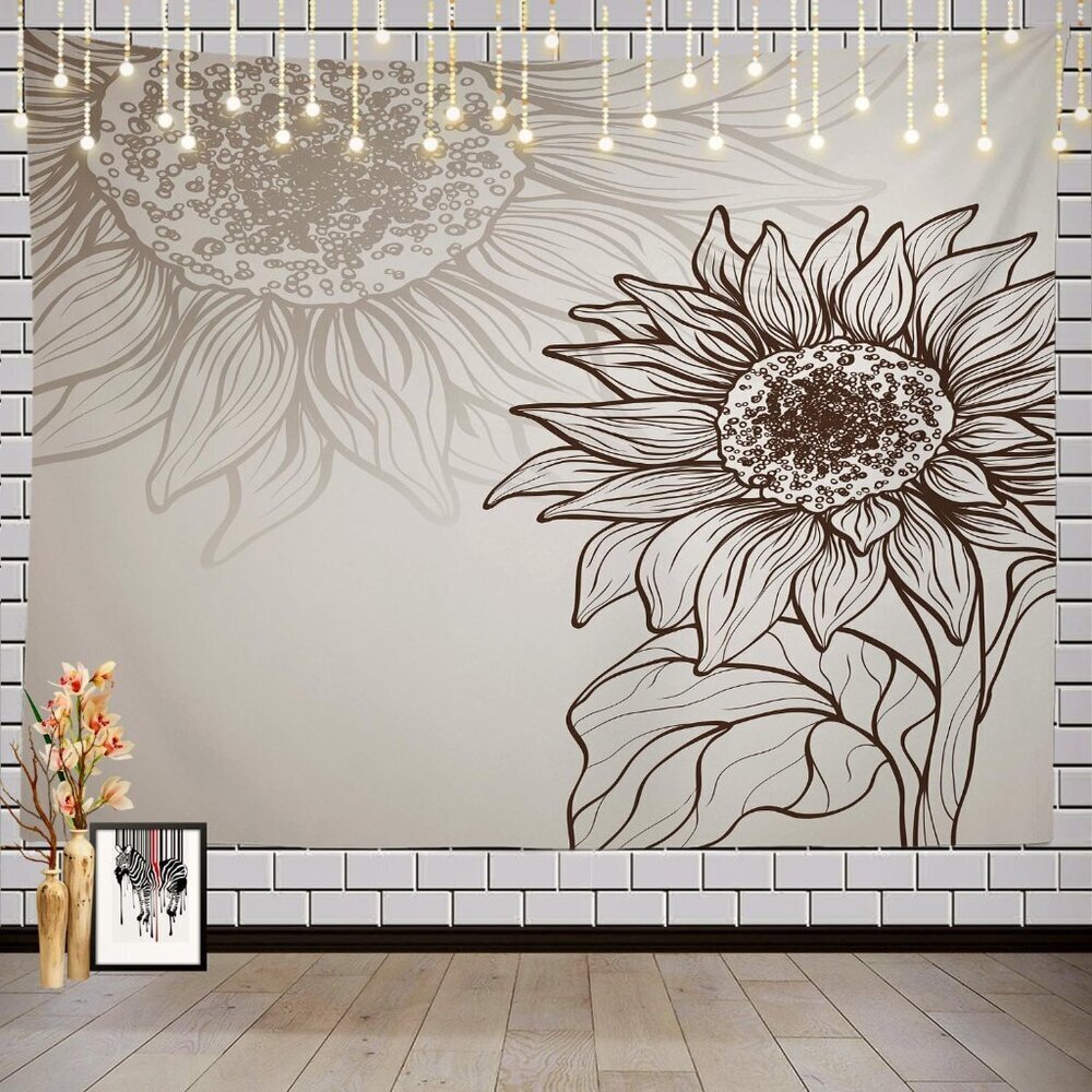 Sunflower Flower Tapestry, Black and White Sunflower Sketch Design Picnic Mat Hi
